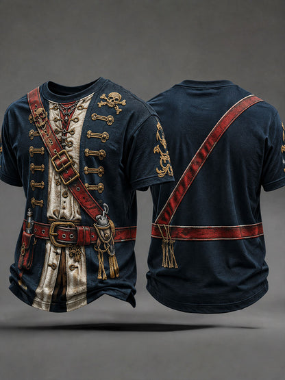 Men's Deep Blue Pirate Print T-Shirt front and back view