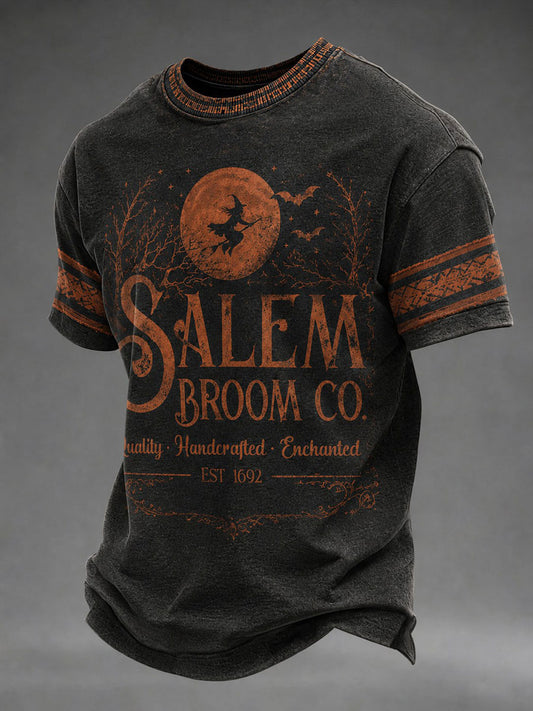 Salem Broom Co. vintage Halloween witch print men's black t-shirt