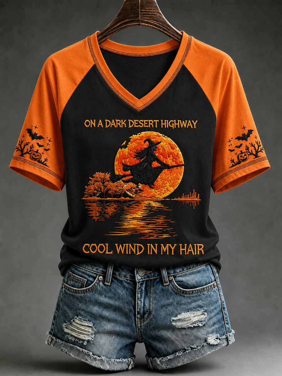 Women's vintage Halloween witch pumpkin bat V-neck T-shirt in orange contrast sleeves