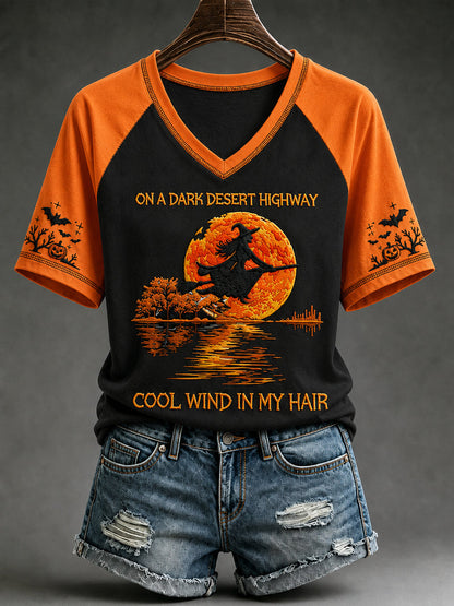 Women's vintage Halloween witch pumpkin bat V-neck T-shirt in orange contrast sleeves