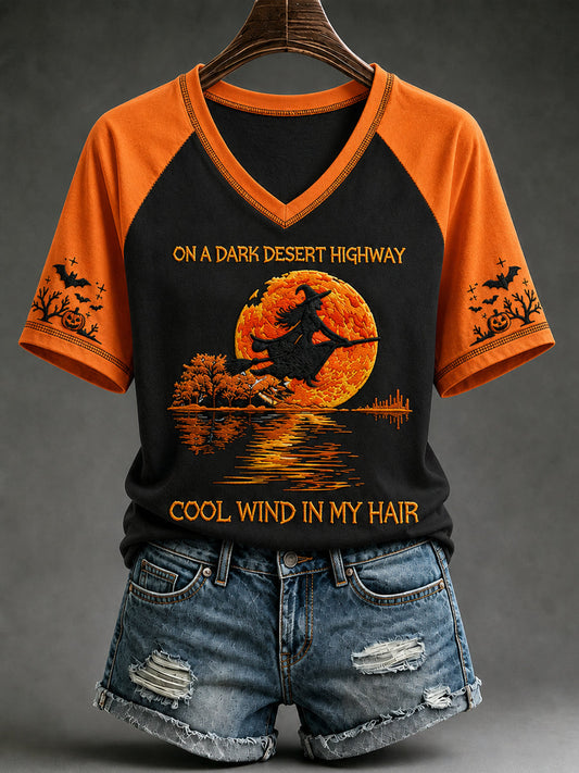 Women's vintage Halloween witch pumpkin bat V-neck T-shirt in orange contrast sleeves