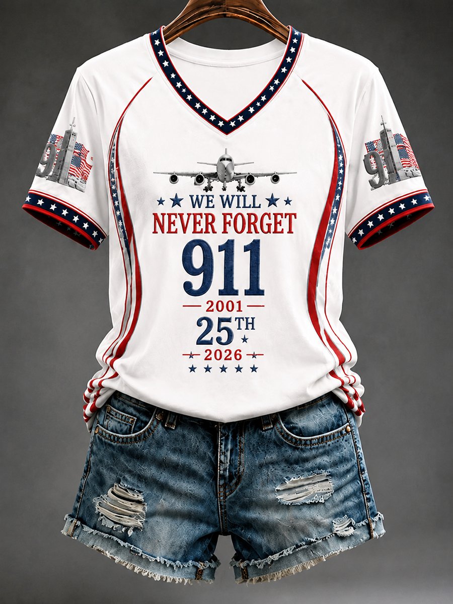 White Women's 9/11 Never Forget 25th anniversary V-neck tee with patriotic print
