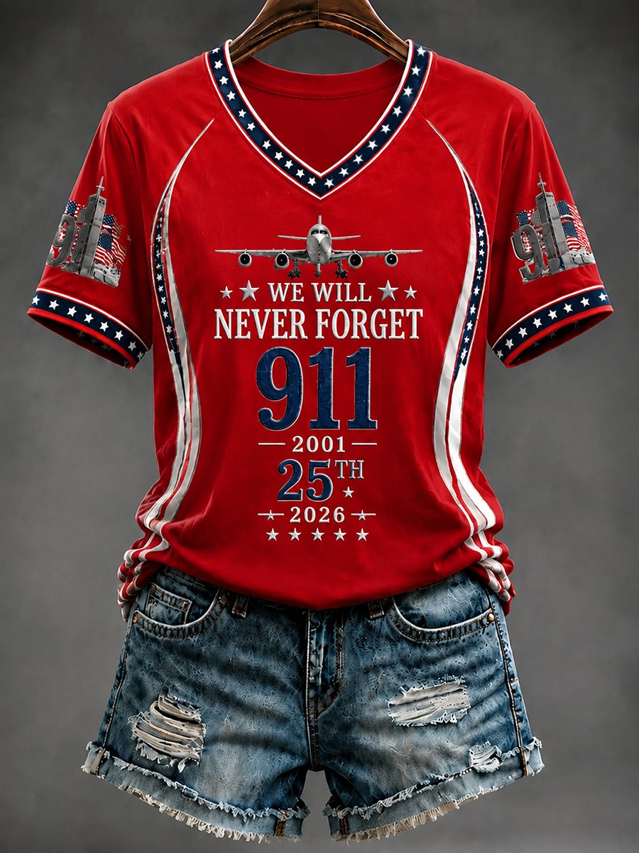 Red Women's 9/11 Never Forget 25th anniversary V-neck memorial tee