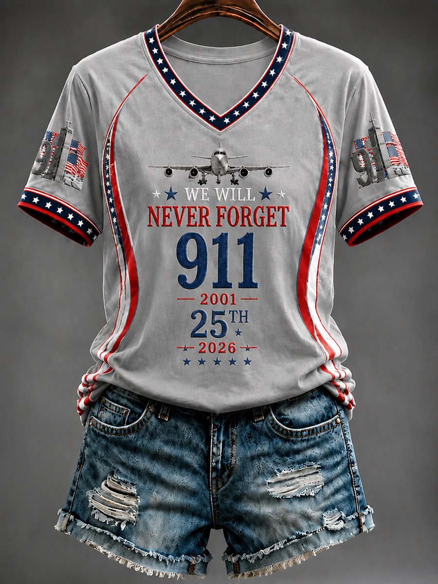 Gray Women's 9/11 Never Forget 25th anniversary short sleeve V-neck tee