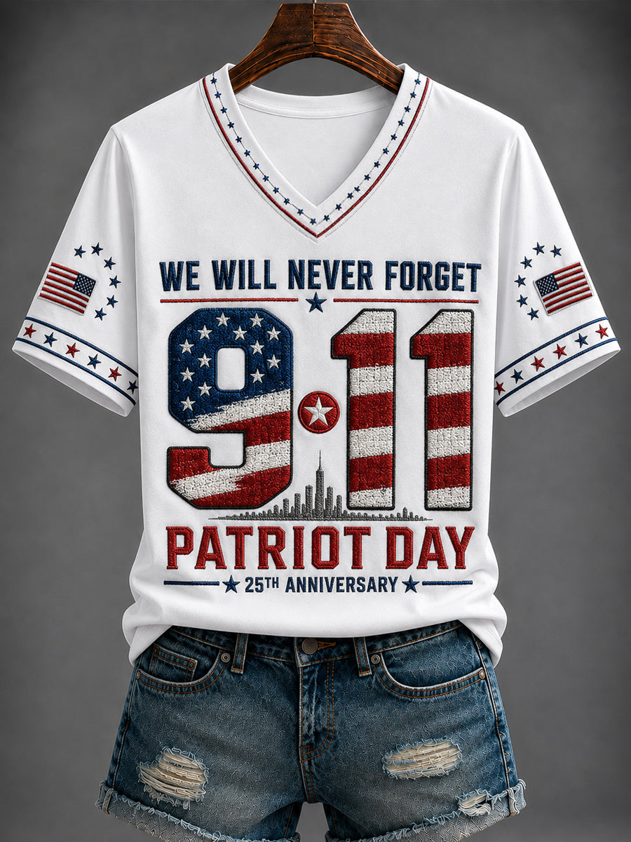 White women's 9/11 Never Forget 25th Anniversary V-neck tee