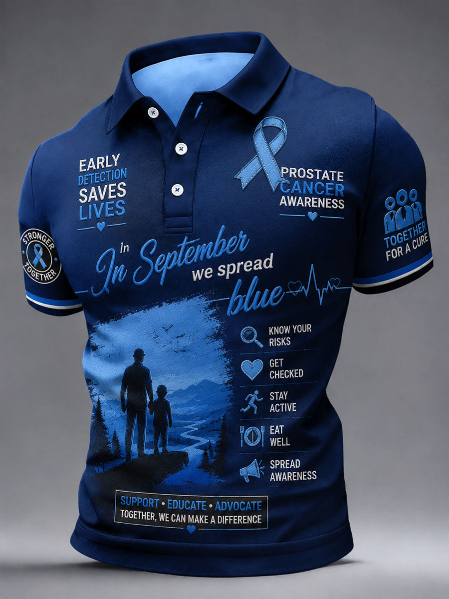 Men's Prostate Cancer Awareness deep blue polo shirt with ribbon graphics