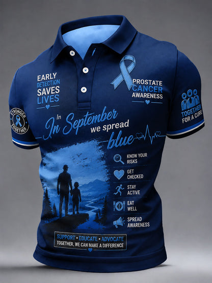 Men's Prostate Cancer Awareness deep blue polo shirt with ribbon graphics