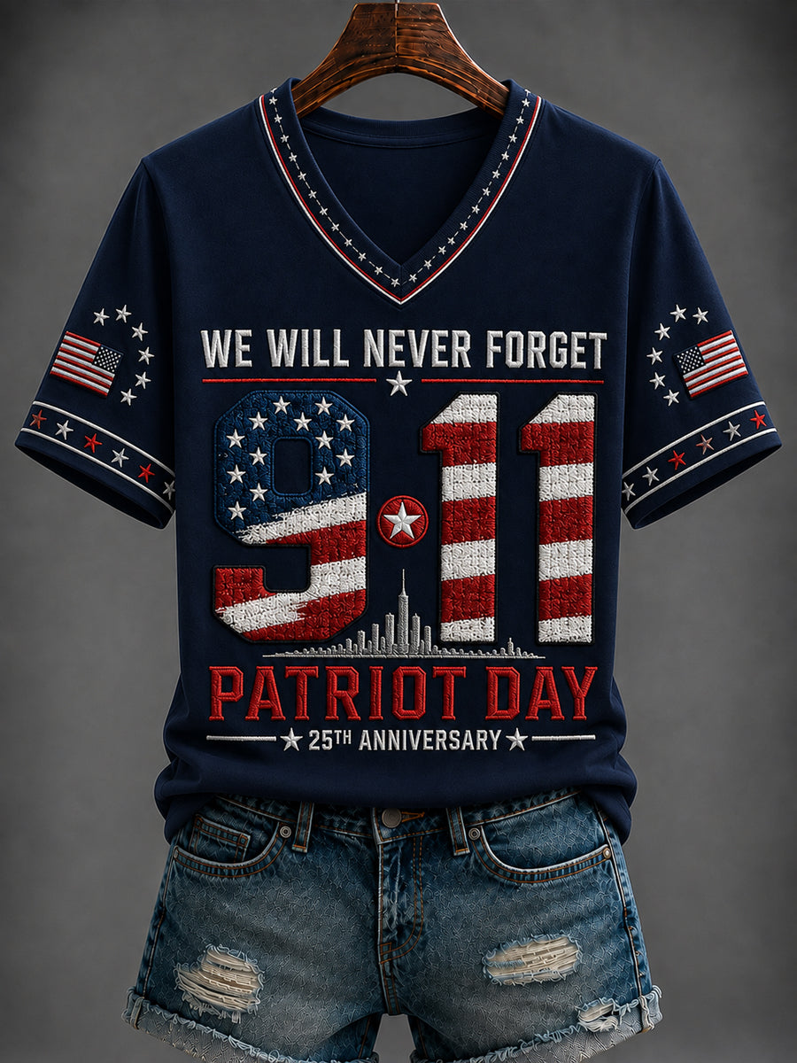 Dark Blue women's 9/11 Patriot Day 25th Anniversary V-neck tee