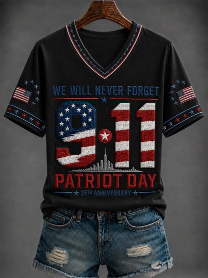 Black women's 9/11 Never Forget 25th Anniversary V-neck tee