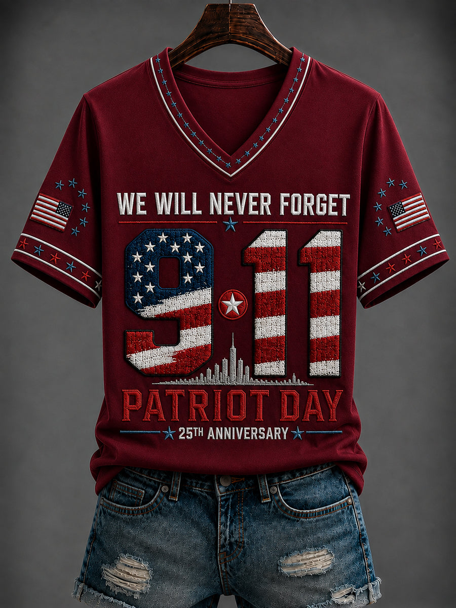 Deep Red women's 9/11 Patriot Day 25th Anniversary V-neck tee