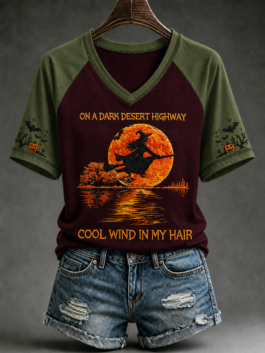 Vintage Halloween Witch Pumpkin Bat V-Neck Tee for Women