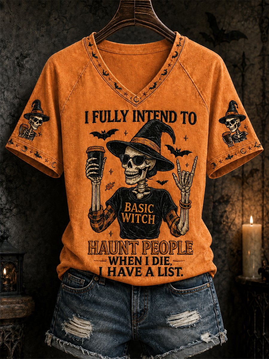 Orange women's Halloween skull witch V-neck tee