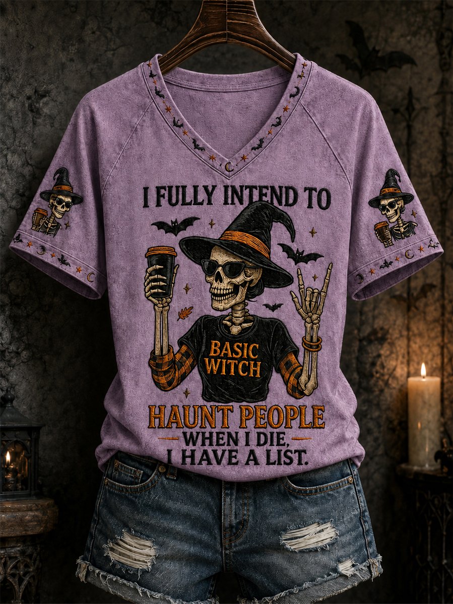 Purple women's Halloween skull witch V-neck tee