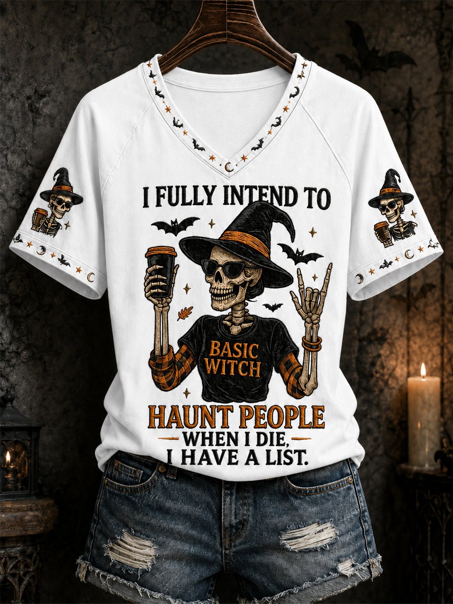 White women's Halloween skull witch V-neck tee