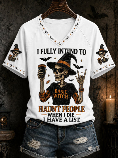 White women's Halloween skull witch V-neck tee