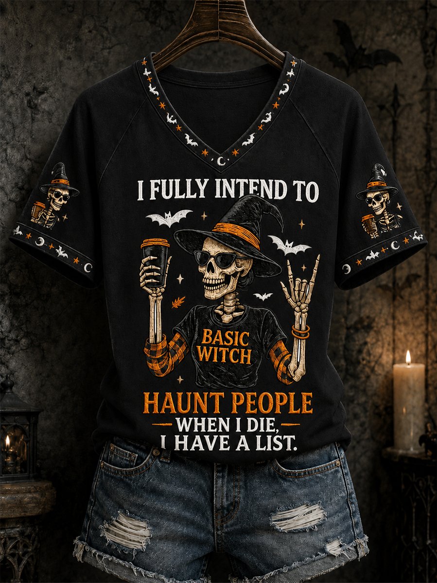 Black women's Halloween skull witch V-neck tee