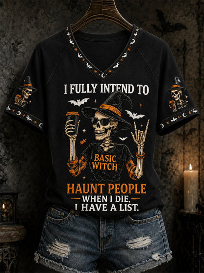 Black women's Halloween skull witch V-neck tee
