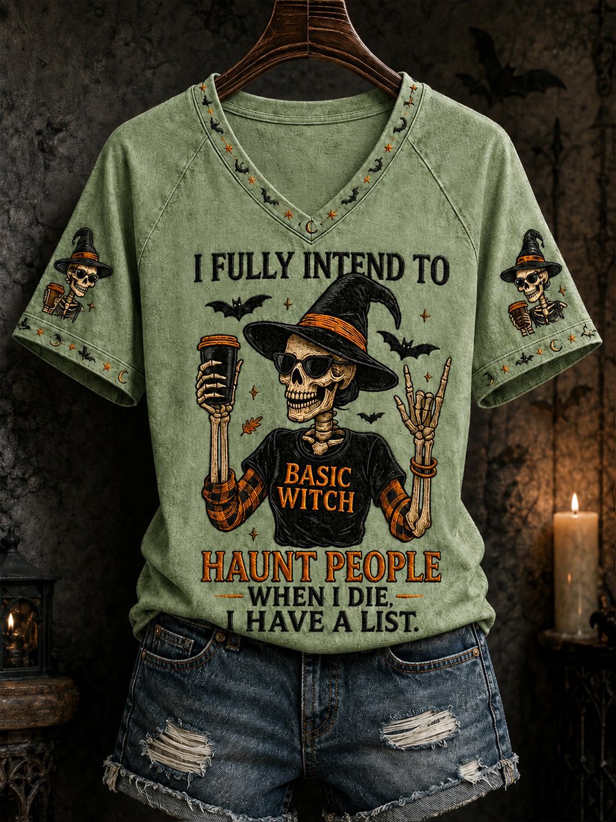 Women's Halloween Skull Witch Print V-Neck Tee