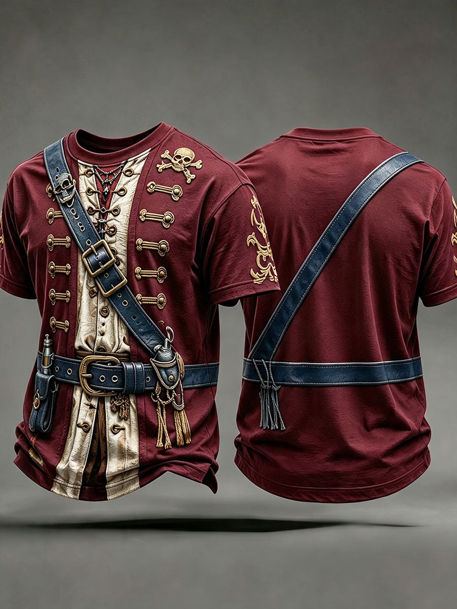 Men's Wine Red Pirate Print T-Shirt front and back view