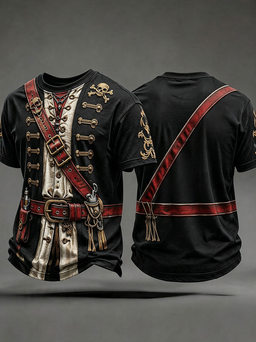 Men's Black Pirate Print T-Shirt front and back view