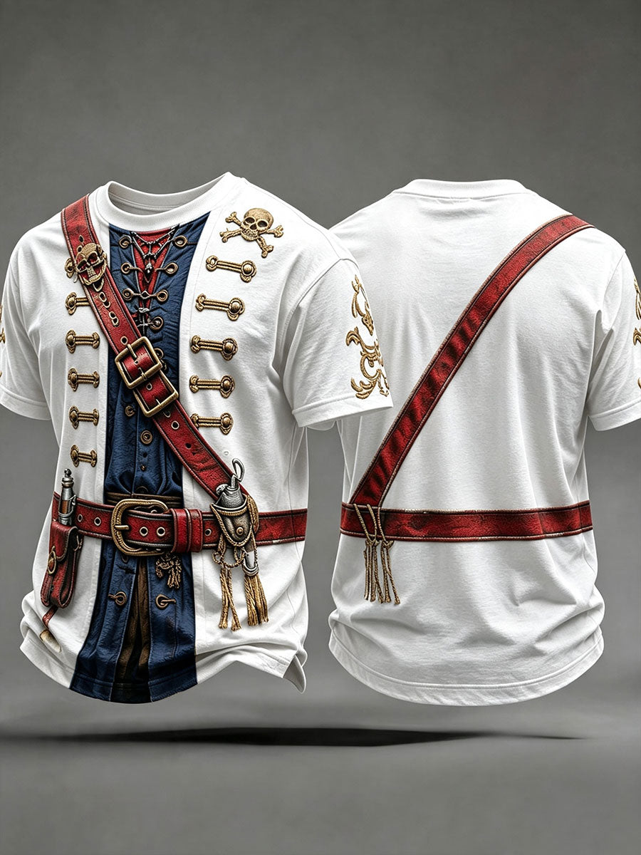 Men's White Pirate Print T-Shirt front and back view