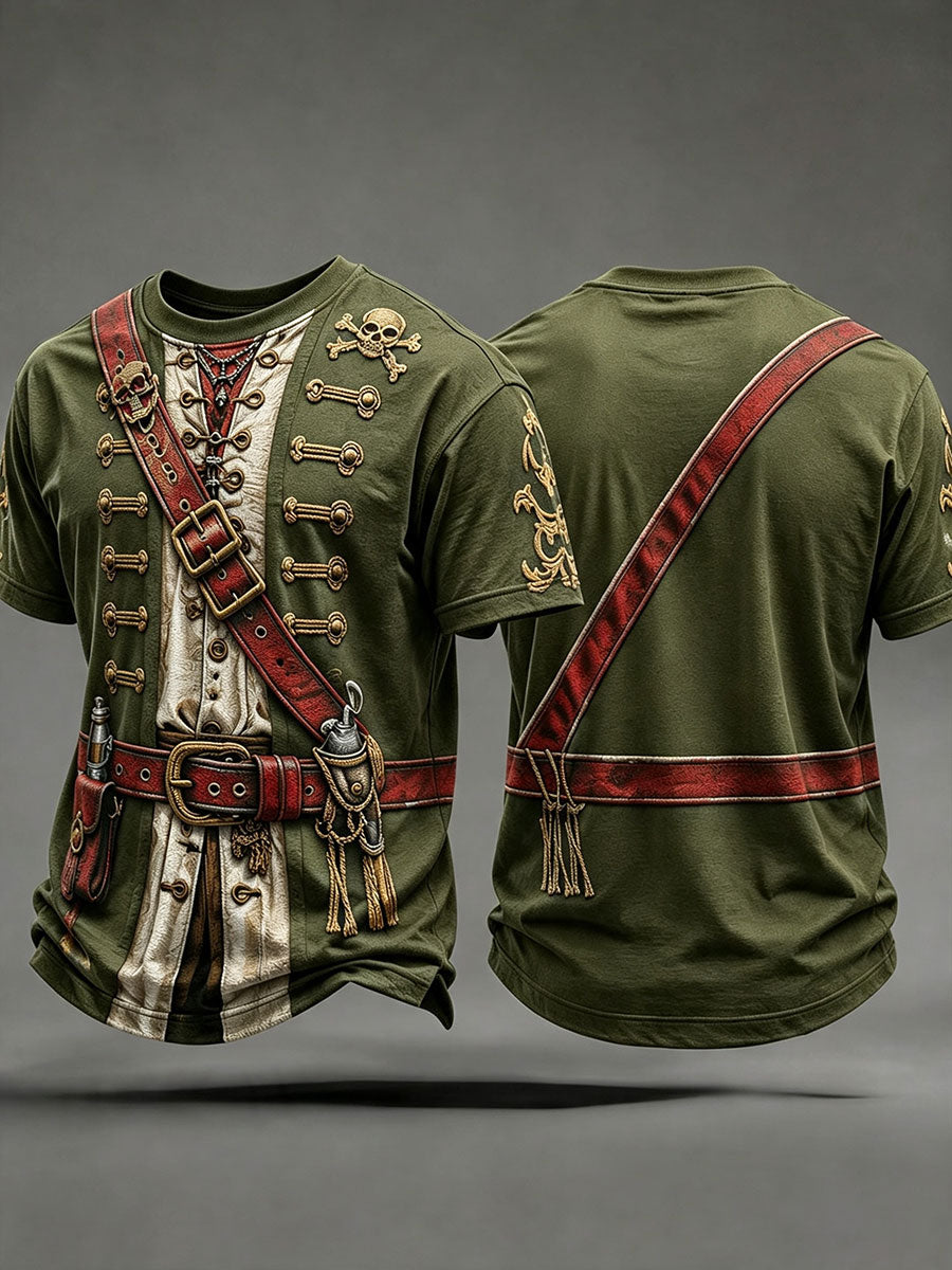 Men's Army Green Pirate Print T-Shirt front and back view