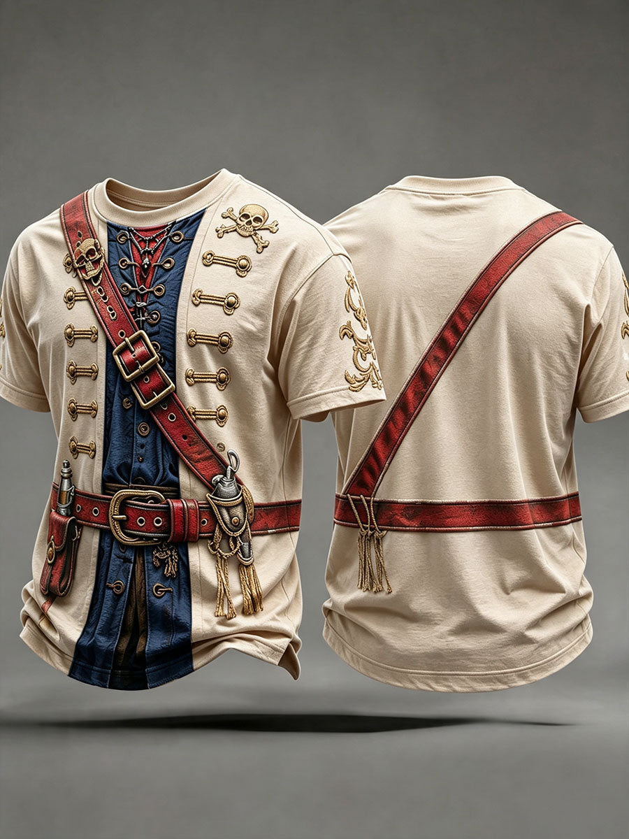 Men's Apricot Pirate Print T-Shirt front and back view