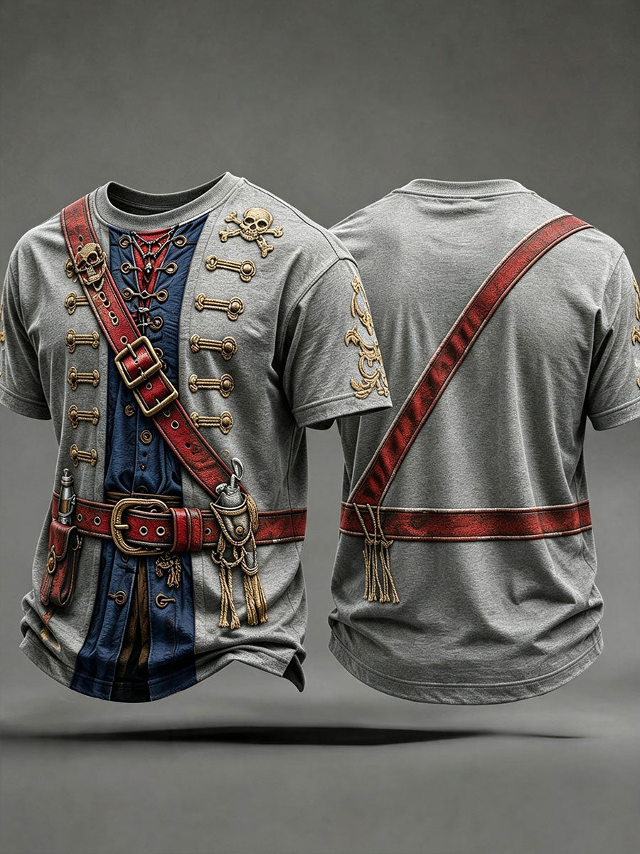 Men's Gray Pirate Print T-Shirt front and back view