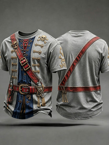 Men's Gray Pirate Print T-Shirt front and back view