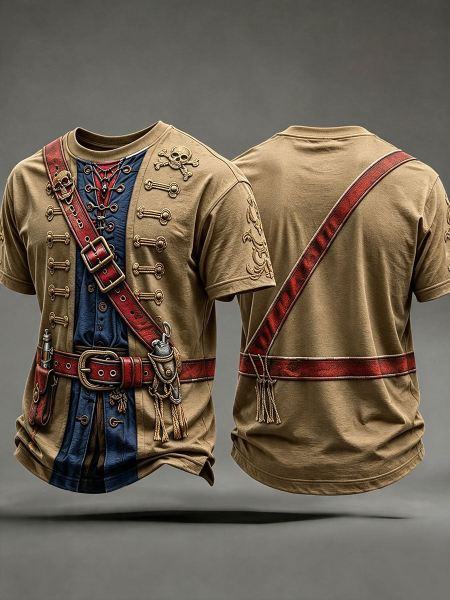 Men's Khaki Pirate Print T-Shirt front and back view