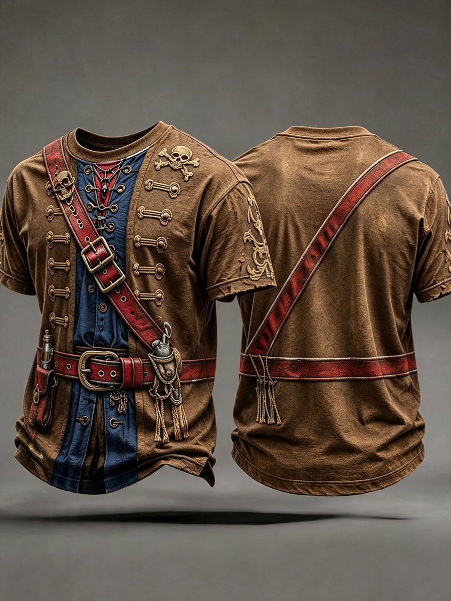 Men's Brown Pirate Print T-Shirt front and back view