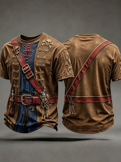 Men's Brown Pirate Print T-Shirt front and back view