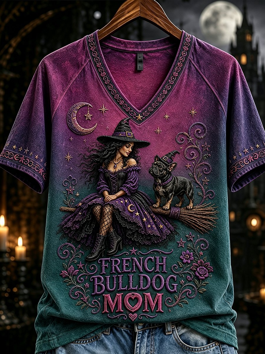 French Bulldog Mom witch Halloween V-neck T-shirt with purple teal gothic print