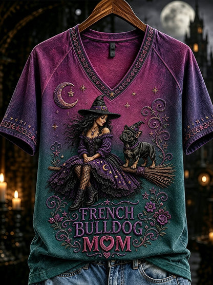 French Bulldog Mom witch Halloween V-neck T-shirt with purple teal gothic print