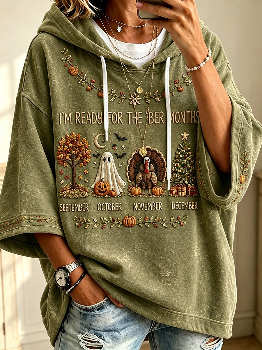Olive green vintage ber months print cozy fall hoodie front view