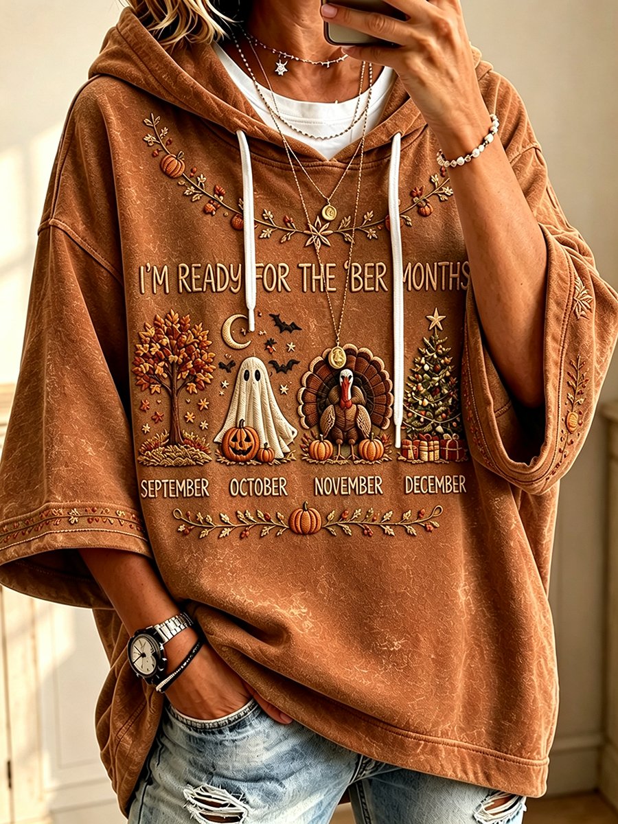 Brown pumpkin and moon vintage fall print cozy hoodie