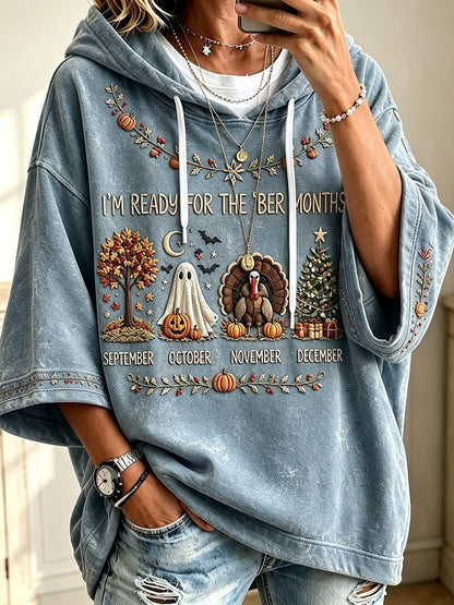 Blue vintage 'ber months autumn print elbow-sleeve hoodie