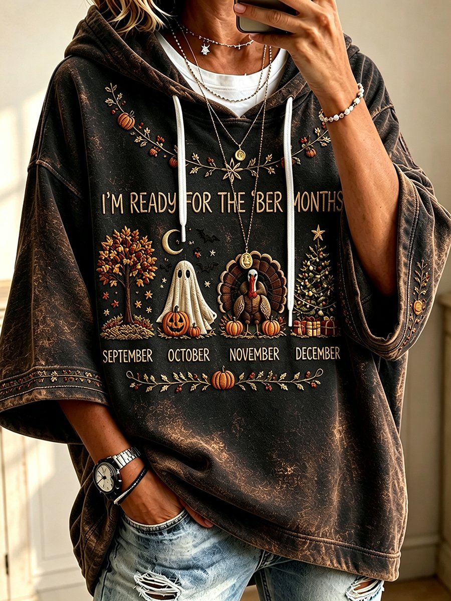 Black-brown washed 'ber months autumn print hoodie for women