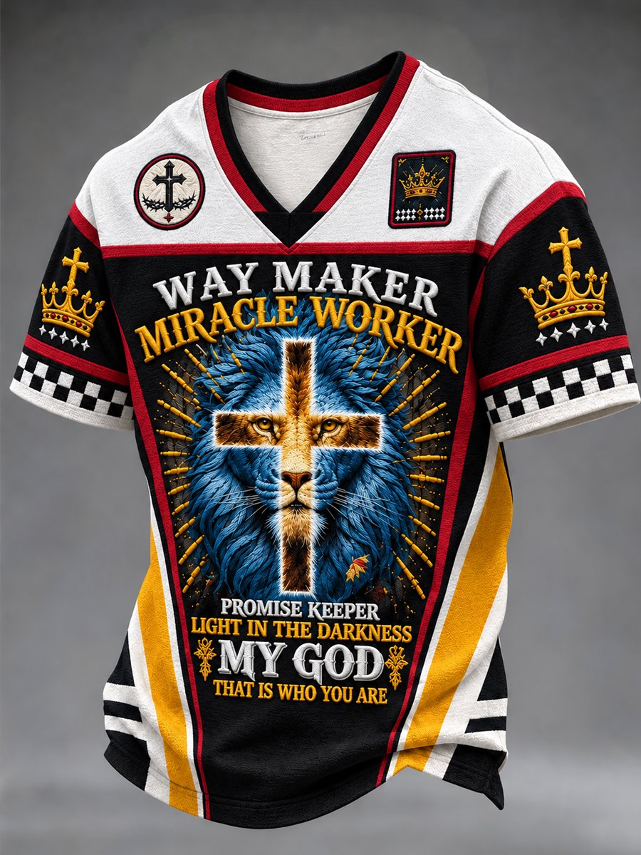 Men's Way Maker Christian V-neck T-shirt with lion and gold cross print, black-and-white panels and red accents