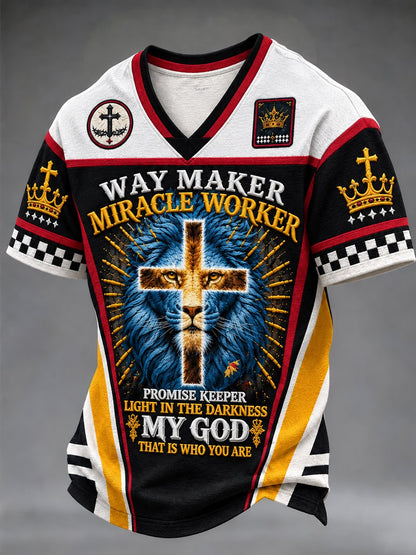 Men's Way Maker Christian V-neck T-shirt with lion and gold cross print, black-and-white panels and red accents