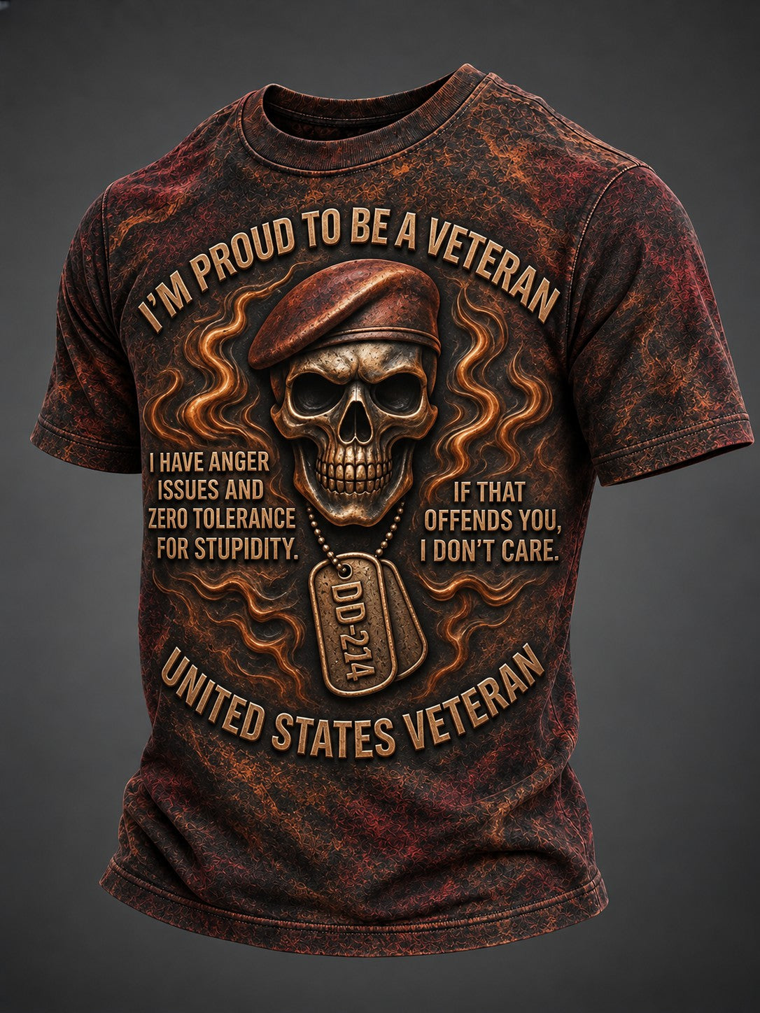 Men's veteran DD-214 T-shirt with beret skull artwork and black and brown print