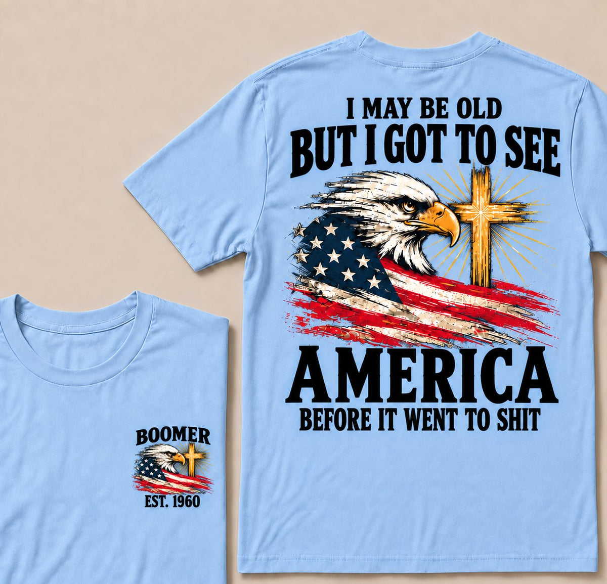 Sky blue Boomer graphic T-shirt with vintage eagle, USA flag and cross, front and back