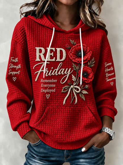 Women's red R.E.D. Friday poppy print waffle knit hoodie front view