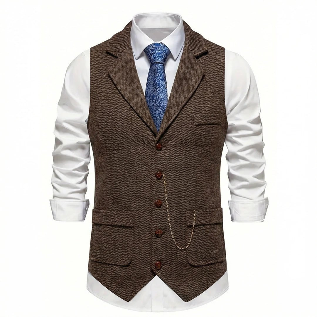 Men's Oxford Brown herringbone tweed waistcoat front view