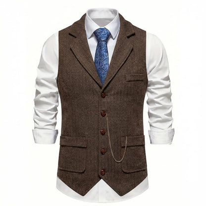 Men's Oxford Brown herringbone tweed waistcoat front view