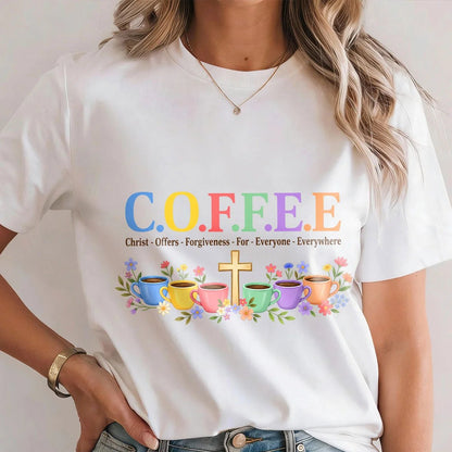 Christian coffee graphic T-shirt with colorful lettering, cups, flowers and cross