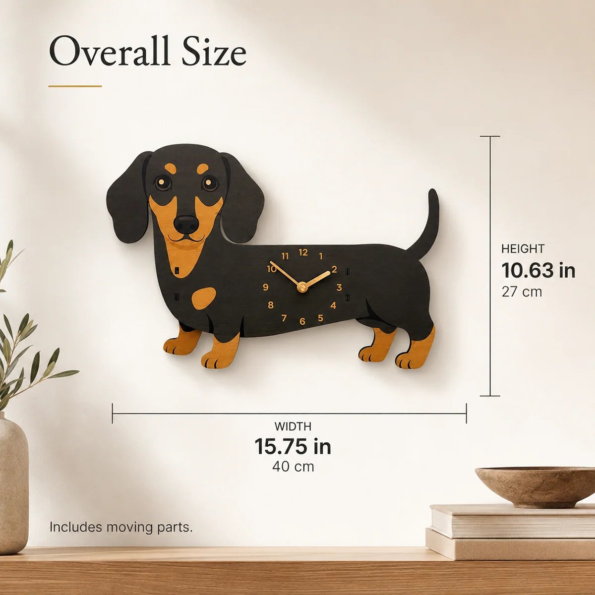 Black & Tan Dachshund side view wall clock overall size 15.75 x 10.63 inches