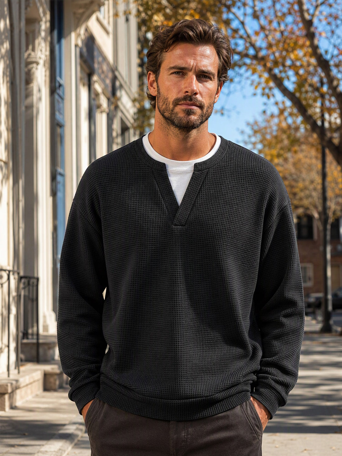 Black men's waffle knit long sleeve faux layered tee