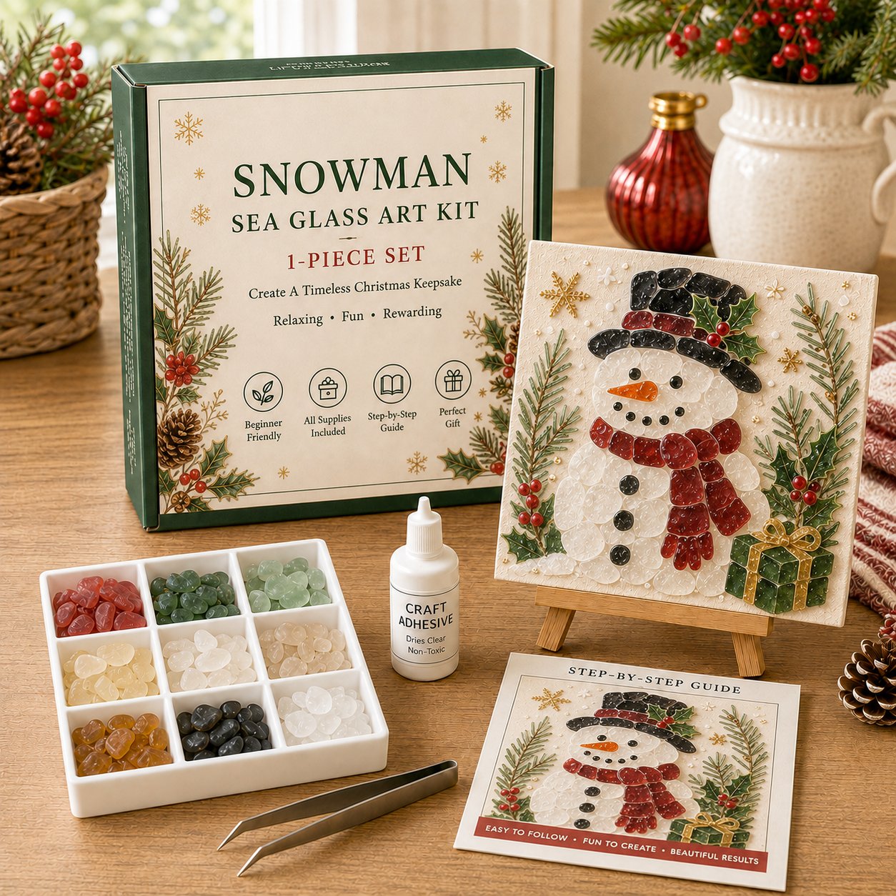 Snowman Christmas sea glass art DIY kit with box and finished artwork