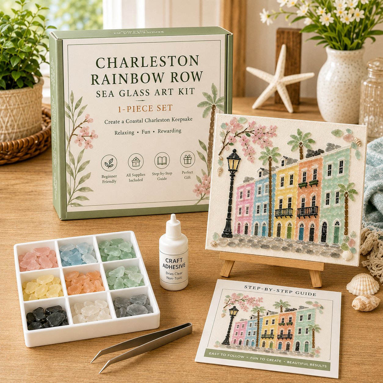 Charleston Rainbow Row sea glass art DIY kit with frame and tools